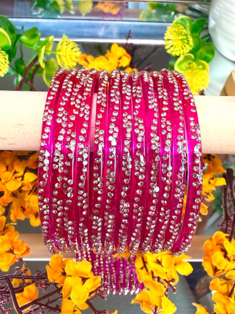 12PC Hot Pink Rhinestone Resin Bangle Bracelets Stackable Sparkle Set